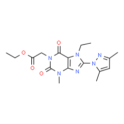 ChemSpider 2D Image | Ethyl [8-(3,5-dimethyl-1H-pyrazol-1-yl)-7-ethyl-3-methyl-2,6-dioxo-2,3,6,7-tetrahydro-1H-purin-1-yl]acetate | C17H22N6O4