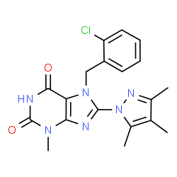 ChemSpider 2D Image | 7-(2-Chlorobenzyl)-3-methyl-8-(3,4,5-trimethyl-1H-pyrazol-1-yl)-3,7-dihydro-1H-purine-2,6-dione | C19H19ClN6O2