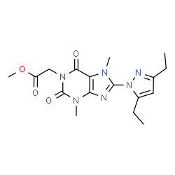 ChemSpider 2D Image | Methyl [8-(3,5-diethyl-1H-pyrazol-1-yl)-3,7-dimethyl-2,6-dioxo-2,3,6,7-tetrahydro-1H-purin-1-yl]acetate | C17H22N6O4