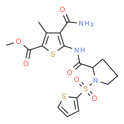 ChemSpider 2D Image | Methyl 4-carbamoyl-3-methyl-5-{[1-(2-thienylsulfonyl)prolyl]amino}-2-thiophenecarboxylate | C17H19N3O6S3