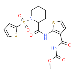 ChemSpider 2D Image | Methyl {[2-({[1-(2-thienylsulfonyl)-2-piperidinyl]carbonyl}amino)-3-thienyl]carbonyl}carbamate | C17H19N3O6S3