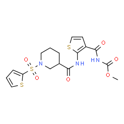 ChemSpider 2D Image | Methyl {[2-({[1-(2-thienylsulfonyl)-3-piperidinyl]carbonyl}amino)-3-thienyl]carbonyl}carbamate | C17H19N3O6S3