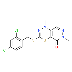 ChemSpider 2D Image | 3-[(2,4-Dichlorobenzyl)sulfanyl]-1,6-dimethyl-1H-pyridazino[4,5-e][1,3,4]thiadiazin-5(6H)-one | C14H12Cl2N4OS2