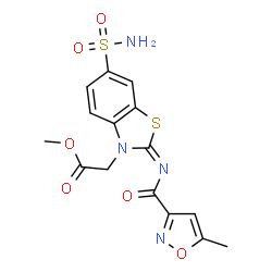 ChemSpider 2D Image | Methyl [(2E)-2-{[(5-methyl-1,2-oxazol-3-yl)carbonyl]imino}-6-sulfamoyl-1,3-benzothiazol-3(2H)-yl]acetate | C15H14N4O6S2