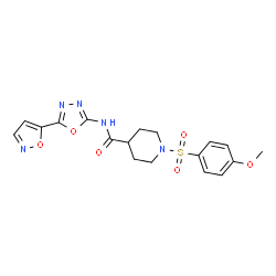 ChemSpider 2D Image | 1-[(4-Methoxyphenyl)sulfonyl]-N-[5-(1,2-oxazol-5-yl)-1,3,4-oxadiazol-2-yl]-4-piperidinecarboxamide | C18H19N5O6S