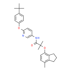 ChemSpider 2D Image | N-{6-[4-(tert-butyl)phenoxy]pyridin-3-yl}-2-methyl-2-[(7-methyl-2,3-dihydro-1H-inden-4-yl)oxy]propanamide | C29H34N2O3