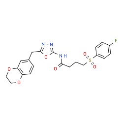 ChemSpider 2D Image | N-[5-(2,3-Dihydro-1,4-benzodioxin-6-ylmethyl)-1,3,4-oxadiazol-2-yl]-4-[(4-fluorophenyl)sulfonyl]butanamide | C21H20FN3O6S