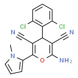 ChemSpider 2D Image | 2-Amino-4-(2,6-dichlorophenyl)-6-(1-methyl-1H-pyrrol-2-yl)-4H-pyran-3,5-dicarbonitrile | C18H12Cl2N4O