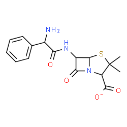 ChemSpider 2D Image | 6-{[Amino(phenyl)acetyl]amino}-3,3-dimethyl-7-oxo-4-thia-1-azabicyclo[3.2.0]heptane-2-carboxylate | C16H18N3O4S
