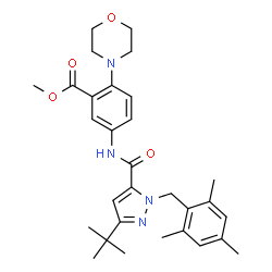 ChemSpider 2D Image | methyl 5-({[3-(tert-butyl)-1-(mesitylmethyl)-1H-pyrazol-5-yl]carbonyl}amino)-2-morpholinobenzoate | C30H38N4O4