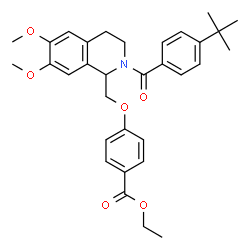 ChemSpider 2D Image | Ethyl 4-({6,7-dimethoxy-2-[4-(2-methyl-2-propanyl)benzoyl]-1,2,3,4-tetrahydro-1-isoquinolinyl}methoxy)benzoate | C32H37NO6