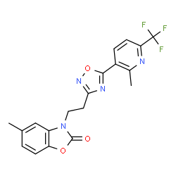 ChemSpider 2D Image | 5-Methyl-3-(2-{5-[2-methyl-6-(trifluoromethyl)-3-pyridinyl]-1,2,4-oxadiazol-3-yl}ethyl)-1,3-benzoxazol-2(3H)-one | C19H15F3N4O3