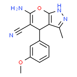 ChemSpider 2D Image | 6-Amino-4-(3-methoxyphenyl)-3-methyl-1,4-dihydropyrano[2,3-c]pyrazole-5-carbonitrile | C15H14N4O2