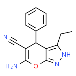 ChemSpider 2D Image | 6-amino-3-ethyl-4-phenyl-1H,4H-pyrano[2,3-c]pyrazole-5-carbonitrile | C15H14N4O