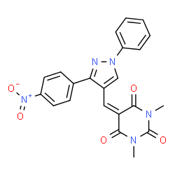 ChemSpider 2D Image | 1,3-Dimethyl-5-{[3-(4-nitrophenyl)-1-phenyl-1H-pyrazol-4-yl]methylene}-2,4,6(1H,3H,5H)-pyrimidinetrione | C22H17N5O5
