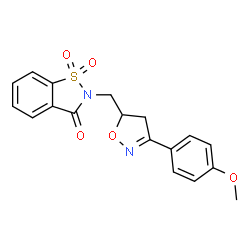 ChemSpider 2D Image | 2-{[3-(4-methoxyphenyl)-4,5-dihydro-5-isoxazolyl]methyl}-1H-1,2-benzisothiazole-1,1,3(2H)-trione | C18H16N2O5S