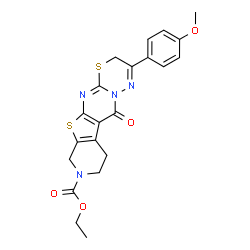 ChemSpider 2D Image | Ethyl 2-(4-methoxyphenyl)-11-oxo-9,10-dihydro-3H,11H-pyrido[4'',3'':4',5']thieno[2',3':4,5]pyrimido[2,1-b][1,3,4]thiadiazine-8(7H)-carboxylate | C21H20N4O4S2