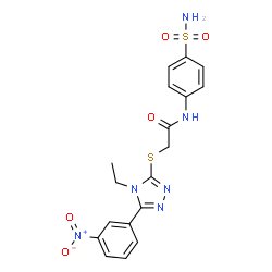 ChemSpider 2D Image | 2-{[4-Ethyl-5-(3-nitrophenyl)-4H-1,2,4-triazol-3-yl]sulfanyl}-N-(4-sulfamoylphenyl)acetamide | C18H18N6O5S2