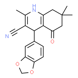 ChemSpider 2D Image | 4-(1,3-Benzodioxol-5-yl)-2,7,7-trimethyl-5-oxo-1,4,5,6,7,8-hexahydro-3-quinolinecarbonitrile | C20H20N2O3