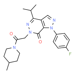 ChemSpider 2D Image | 1-(4-Fluorophenyl)-4-isopropyl-6-[2-(4-methyl-1-piperidinyl)-2-oxoethyl]-1,6-dihydro-7H-pyrazolo[3,4-d]pyridazin-7-one | C22H26FN5O2