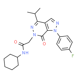 ChemSpider 2D Image | N-Cyclohexyl-2-[1-(4-fluorophenyl)-4-isopropyl-7-oxo-1,7-dihydro-6H-pyrazolo[3,4-d]pyridazin-6-yl]acetamide | C22H26FN5O2