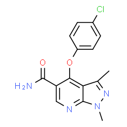 ChemSpider 2D Image | 4-(4-Chlorophenoxy)-1,3-dimethyl-1H-pyrazolo[3,4-b]pyridine-5-carboxamide | C15H13ClN4O2