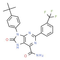 ChemSpider 2D Image | 9-[4-(2-Methyl-2-propanyl)phenyl]-8-oxo-2-[3-(trifluoromethyl)phenyl]-8,9-dihydro-7H-purine-6-carboxamide | C23H20F3N5O2