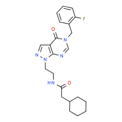 ChemSpider 2D Image | 2-Cyclohexyl-N-{2-[5-(2-fluorobenzyl)-4-oxo-4,5-dihydro-1H-pyrazolo[3,4-d]pyrimidin-1-yl]ethyl}acetamide | C22H26FN5O2