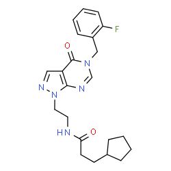 ChemSpider 2D Image | 3-Cyclopentyl-N-{2-[5-(2-fluorobenzyl)-4-oxo-4,5-dihydro-1H-pyrazolo[3,4-d]pyrimidin-1-yl]ethyl}propanamide | C22H26FN5O2