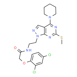 ChemSpider 2D Image | 2-(2,4-Dichlorophenoxy)-N-{2-[6-(methylsulfanyl)-4-(1-piperidinyl)-1H-pyrazolo[3,4-d]pyrimidin-1-yl]ethyl}acetamide | C21H24Cl2N6O2S