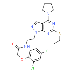 ChemSpider 2D Image | 2-(2,4-Dichlorophenoxy)-N-{2-[6-(ethylsulfanyl)-4-(1-pyrrolidinyl)-1H-pyrazolo[3,4-d]pyrimidin-1-yl]ethyl}acetamide | C21H24Cl2N6O2S