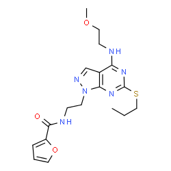 ChemSpider 2D Image | N-(2-{4-[(2-Methoxyethyl)amino]-6-(propylsulfanyl)-1H-pyrazolo[3,4-d]pyrimidin-1-yl}ethyl)-2-furamide | C18H24N6O3S