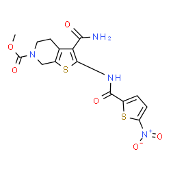 ChemSpider 2D Image | Methyl 3-carbamoyl-2-{[(5-nitro-2-thienyl)carbonyl]amino}-4,7-dihydrothieno[2,3-c]pyridine-6(5H)-carboxylate | C15H14N4O6S2