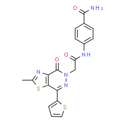 ChemSpider 2D Image | 4-({[2-Methyl-4-oxo-7-(2-thienyl)[1,3]thiazolo[4,5-d]pyridazin-5(4H)-yl]acetyl}amino)benzamide | C19H15N5O3S2