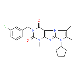 ChemSpider 2D Image | 3-(3-Chlorobenzyl)-8-cyclopentyl-1,6,7-trimethyl-1H-imidazo[2,1-f]purine-2,4(3H,8H)-dione | C22H24ClN5O2