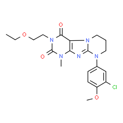 ChemSpider 2D Image | 9-(3-Chloro-4-methoxyphenyl)-3-(2-ethoxyethyl)-1-methyl-6,7,8,9-tetrahydropyrimido[2,1-f]purine-2,4(1H,3H)-dione | C20H24ClN5O4