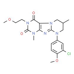 ChemSpider 2D Image | 9-(3-Chloro-4-methoxyphenyl)-3-(2-methoxyethyl)-1,7-dimethyl-6,7,8,9-tetrahydropyrimido[2,1-f]purine-2,4(1H,3H)-dione | C20H24ClN5O4