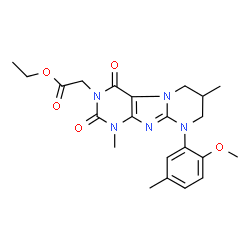 ChemSpider 2D Image | Ethyl [9-(2-methoxy-5-methylphenyl)-1,7-dimethyl-2,4-dioxo-1,4,6,7,8,9-hexahydropyrimido[2,1-f]purin-3(2H)-yl]acetate | C22H27N5O5