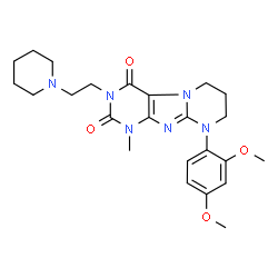ChemSpider 2D Image | 9-(2,4-Dimethoxyphenyl)-1-methyl-3-[2-(1-piperidinyl)ethyl]-6,7,8,9-tetrahydropyrimido[2,1-f]purine-2,4(1H,3H)-dione | C24H32N6O4