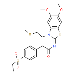 ChemSpider 2D Image | N-[(2E)-5,6-Dimethoxy-3-[2-(methylsulfanyl)ethyl]-1,3-benzothiazol-2(3H)-ylidene]-2-[4-(ethylsulfonyl)phenyl]acetamide | C22H26N2O5S3