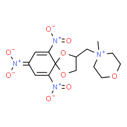 ChemSpider 2D Image | [{2-[(4-Methylmorpholin-4-ium-4-yl)methyl]-6,10-dinitro-1,4-dioxaspiro[4.5]deca-6,9-dien-8-ylidene}(oxido)-lambda~5~-azanyl]oxidanide | C14H18N4O9