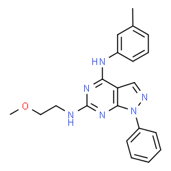 ChemSpider 2D Image | N~6~-(2-Methoxyethyl)-N~4~-(3-methylphenyl)-1-phenyl-1H-pyrazolo[3,4-d]pyrimidine-4,6-diamine | C21H22N6O