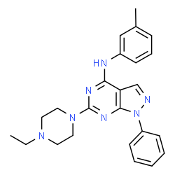 ChemSpider 2D Image | 6-(4-Ethyl-1-piperazinyl)-N-(3-methylphenyl)-1-phenyl-1H-pyrazolo[3,4-d]pyrimidin-4-amine | C24H27N7