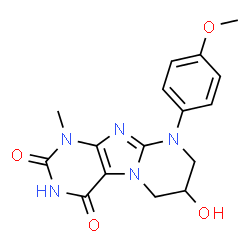 ChemSpider 2D Image | pyrimido[2,1-f]purin-2(1H)-one, 6,7,8,9-tetrahydro-4,7-dihydroxy-9-(4-methoxyphenyl)-1-methyl- | C16H17N5O4