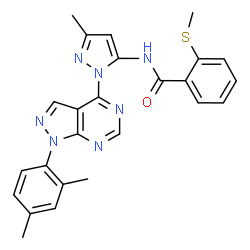 ChemSpider 2D Image | N-{1-[1-(2,4-Dimethylphenyl)-1H-pyrazolo[3,4-d]pyrimidin-4-yl]-3-methyl-1H-pyrazol-5-yl}-2-(methylsulfanyl)benzamide | C25H23N7OS