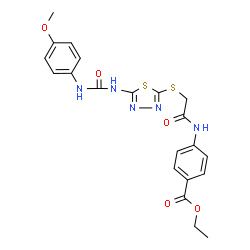 ChemSpider 2D Image | Ethyl 4-({[(5-{[(4-methoxyphenyl)carbamoyl]amino}-1,3,4-thiadiazol-2-yl)sulfanyl]acetyl}amino)benzoate | C21H21N5O5S2