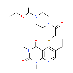 ChemSpider 2D Image | Ethyl 4-{[(6-ethyl-1,3-dimethyl-2,4-dioxo-1,2,3,4-tetrahydropyrido[2,3-d]pyrimidin-5-yl)sulfanyl]acetyl}-1-piperazinecarboxylate | C20H27N5O5S