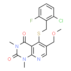 ChemSpider 2D Image | 5-[(2-Chloro-6-fluorobenzyl)sulfanyl]-6-(methoxymethyl)-1,3-dimethylpyrido[2,3-d]pyrimidine-2,4(1H,3H)-dione | C18H17ClFN3O3S