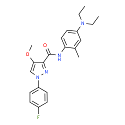 ChemSpider 2D Image | N-[4-(Diethylamino)-2-methylphenyl]-1-(4-fluorophenyl)-4-methoxy-1H-pyrazole-3-carboxamide | C22H25FN4O2