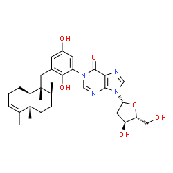 ChemSpider 2D Image | 2'-Deoxy-1-(2,5-dihydroxy-3-{[(1R,2S,4aS,8aS)-1,2,4a,5-tetramethyl-1,2,3,4,4a,7,8,8a-octahydro-1-naphthalenyl]methyl}phenyl)inosine | C31H40N4O6